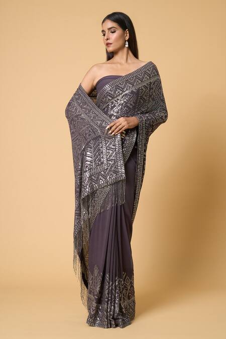 Shop Nakul Sen Grey Silk, Chiffon Sequins Geometric Saree With Unstitched Blouse Piece Online at Aza Fashions Shop_Nakul Sen_Grey Silk, Chiffon Sequins Geometric Saree With Unstitched Blouse Piece _Online_at_Aza_Fashions