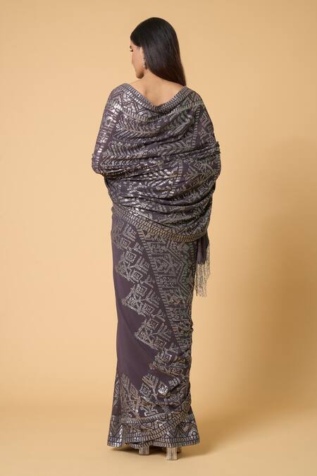 Buy Nakul Sen Grey Silk, Chiffon Sequins Geometric Saree With Unstitched Blouse Piece Buy_Nakul Sen_Grey Silk, Chiffon Sequins Geometric Saree With Unstitched Blouse Piece