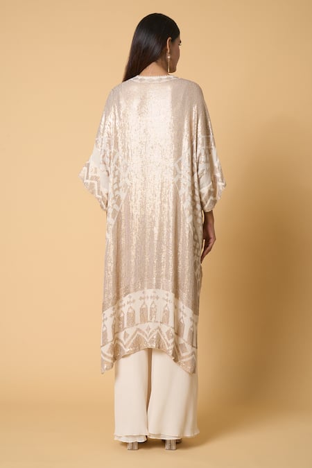 Shop Nakul Sen Ivory Silk, Chiffon Sequins V-neck Contrasting Work Kaftan And Palazzo Set at Aza Fashions Shop_Nakul Sen_Ivory Silk, Chiffon Sequins V-neck Contrasting Work Kaftan And Palazzo Set _at_Aza_Fashions