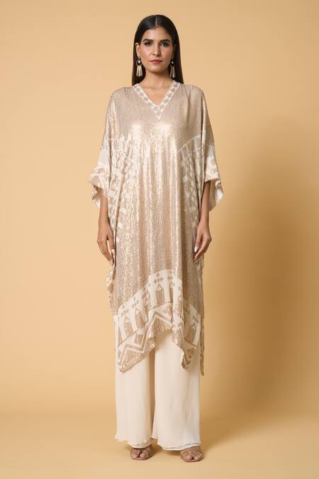 Nakul Sen Ivory Silk, Chiffon Sequins V-neck Contrasting Work Kaftan And Palazzo Set Online at Aza Fashions Nakul Sen_Ivory Silk, Chiffon Sequins V-neck Contrasting Work Kaftan And Palazzo Set _Online_at_Aza_Fashions
