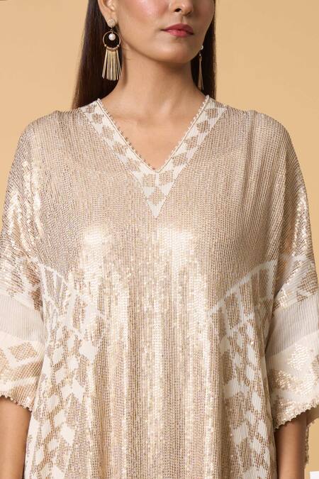 Shop Nakul Sen Ivory Silk, Chiffon Sequins V-neck Contrasting Work Kaftan And Palazzo Set Shop_Nakul Sen_Ivory Silk, Chiffon Sequins V-neck Contrasting Work Kaftan And Palazzo Set