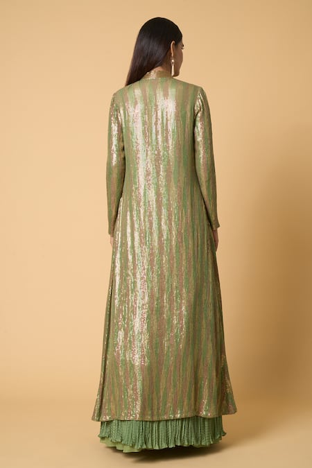Shop Nakul Sen Green Silk, Chiffon, Crepe Sequins Mandarin Striped Jacket And Crinkled Skirt Set at Aza Fashions Shop_Nakul Sen_Green Silk, Chiffon, Crepe Sequins Mandarin Striped Jacket And Crinkled Skirt Set _at_Aza_Fashions