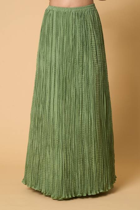 Nakul Sen Green Silk, Chiffon, Crepe Sequins Mandarin Striped Jacket And Crinkled Skirt Set Online at Aza Fashions Nakul Sen_Green Silk, Chiffon, Crepe Sequins Mandarin Striped Jacket And Crinkled Skirt Set _Online_at_Aza_Fashions