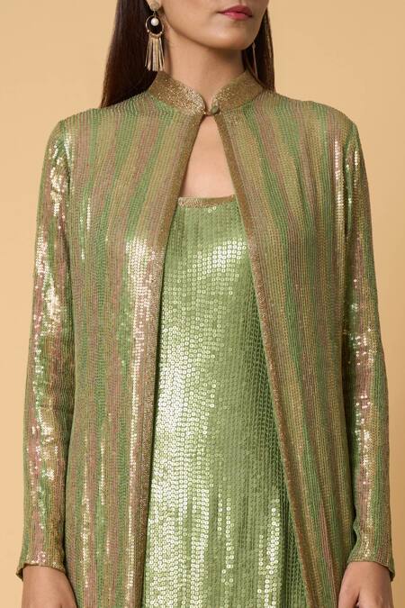 Buy Nakul Sen Green Silk, Chiffon, Crepe Sequins Mandarin Striped Jacket And Crinkled Skirt Set Online at Aza Fashions Buy_Nakul Sen_Green Silk, Chiffon, Crepe Sequins Mandarin Striped Jacket And Crinkled Skirt Set _Online_at_Aza_Fashions