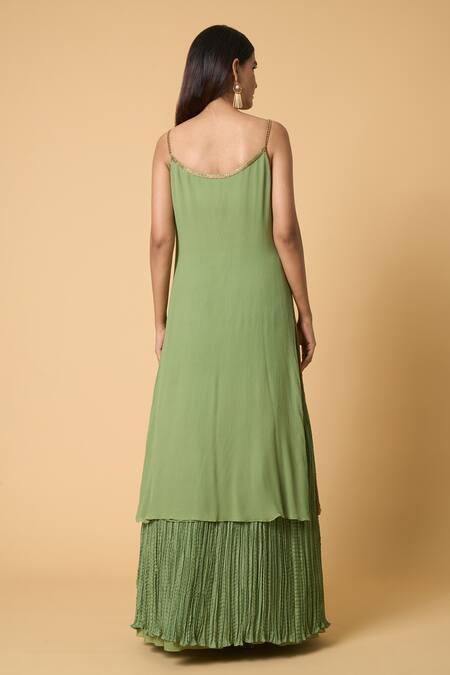 Shop Nakul Sen Green Silk, Chiffon, Crepe Sequins Mandarin Striped Jacket And Crinkled Skirt Set Online at Aza Fashions Shop_Nakul Sen_Green Silk, Chiffon, Crepe Sequins Mandarin Striped Jacket And Crinkled Skirt Set _Online_at_Aza_Fashions