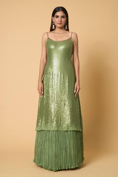 Nakul Sen Green Silk, Chiffon, Crepe Sequins Mandarin Striped Jacket And Crinkled Skirt Set at Aza Fashions Nakul Sen_Green Silk, Chiffon, Crepe Sequins Mandarin Striped Jacket And Crinkled Skirt Set _at_Aza_Fashions