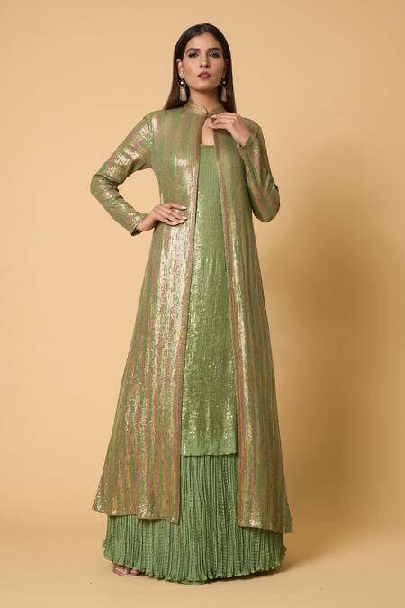 Buy Nakul Sen Green Silk, Chiffon, Crepe Sequins Mandarin Striped Jacket And Crinkled Skirt Set Buy_Nakul Sen_Green Silk, Chiffon, Crepe Sequins Mandarin Striped Jacket And Crinkled Skirt Set