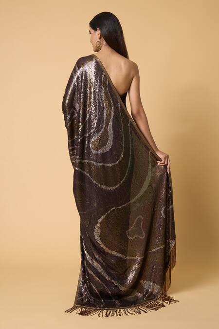 Shop Nakul Sen Brown Silk, Chiffon Sequins Wave Saree With Unstitched Blouse Piece at Aza Fashions Shop_Nakul Sen_Brown Silk, Chiffon Sequins Wave Saree With Unstitched Blouse Piece _at_Aza_Fashions