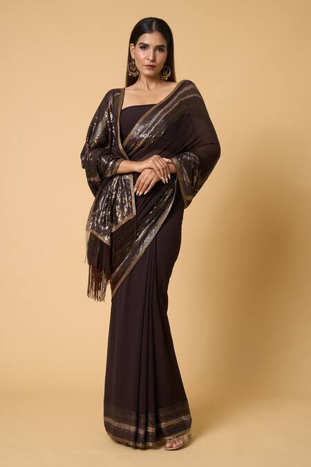 Shop Nakul Sen Brown Silk, Chiffon Sequins Wave Saree With Unstitched Blouse Piece Online at Aza Fashions Shop_Nakul Sen_Brown Silk, Chiffon Sequins Wave Saree With Unstitched Blouse Piece _Online_at_Aza_Fashions
