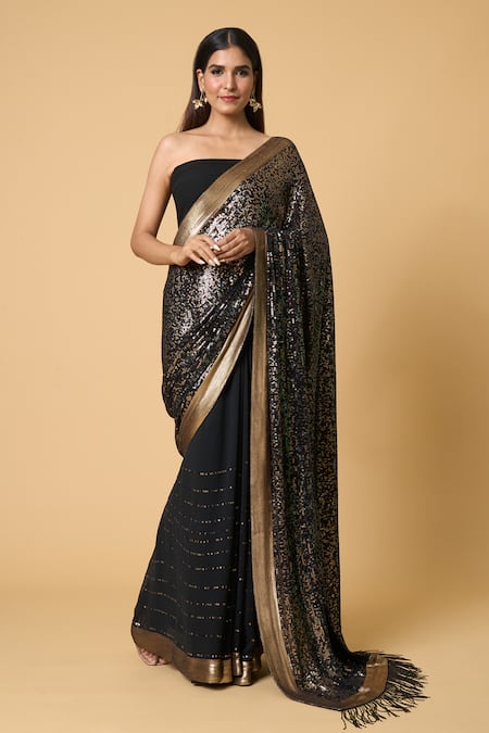 Nakul Sen_Black Silk, Chiffon Sequins Saree With Unstitched Blouse Piece _Online_at_Aza_Fashions
