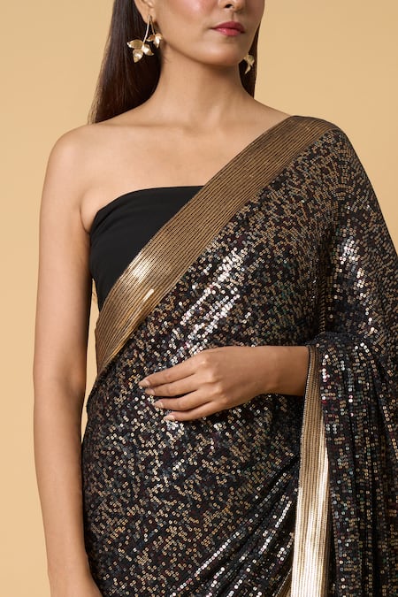 Buy_Nakul Sen_Black Silk, Chiffon Sequins Saree With Unstitched Blouse Piece _Online_at_Aza_Fashions