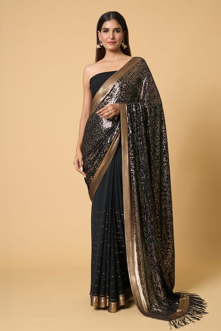 Nakul Sen_Black Silk, Chiffon Sequins Saree With Unstitched Blouse Piece _at_Aza_Fashions