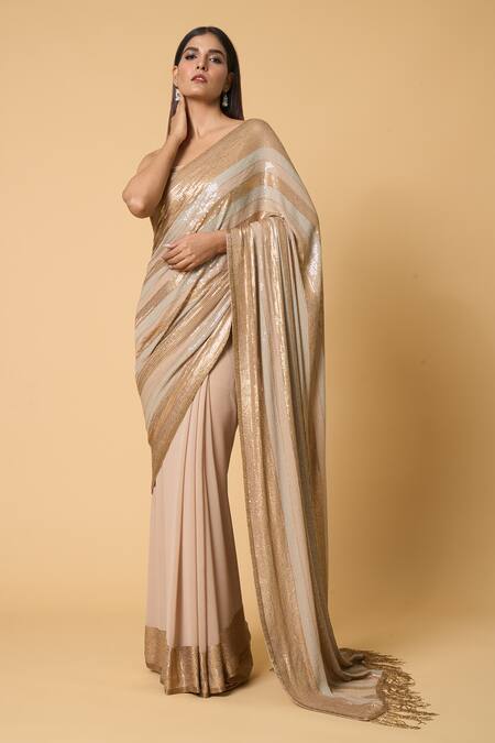 Nakul Sen Beige Silk, Chiffon Sequins Striped Saree With Unstitched Blouse Piece Online at Aza Fashions Nakul Sen_Beige Silk, Chiffon Sequins Striped Saree With Unstitched Blouse Piece _Online_at_Aza_Fashions