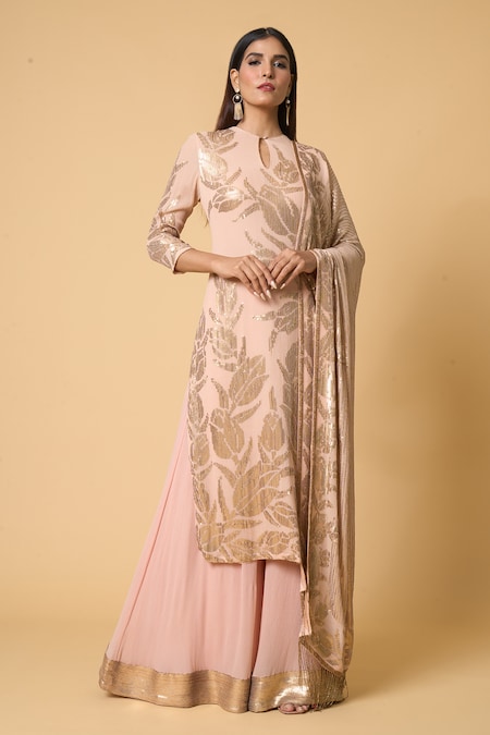 Nakul Sen Pink 100% Silk Chiffon Embroidered Sequins Round Lotus Kurta Palazzo Set 