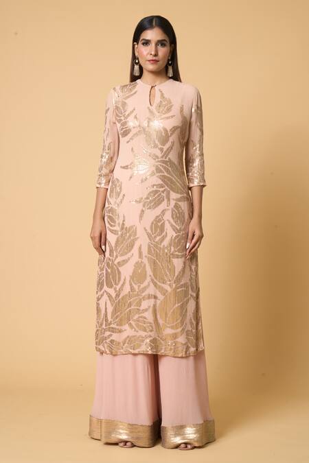 Nakul Sen Pink Silk, Chiffon Sequins, Embroidery, Zari Round Neck Lotus Kurta Palazzo Set Online at Aza Fashions Nakul Sen_Pink Silk, Chiffon Sequins, Embroidery, Zari Round Neck Lotus Kurta Palazzo Set _Online_at_Aza_Fashions