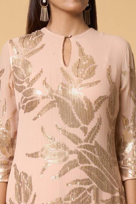 Buy Nakul Sen Pink Silk, Chiffon Sequins, Embroidery, Zari Round Neck Lotus Kurta Palazzo Set Online at Aza Fashions Buy_Nakul Sen_Pink Silk, Chiffon Sequins, Embroidery, Zari Round Neck Lotus Kurta Palazzo Set _Online_at_Aza_Fashions