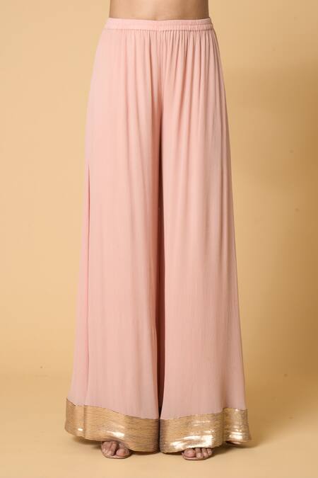 Shop Nakul Sen Pink Silk, Chiffon Sequins, Embroidery, Zari Round Neck Lotus Kurta Palazzo Set Online at Aza Fashions Shop_Nakul Sen_Pink Silk, Chiffon Sequins, Embroidery, Zari Round Neck Lotus Kurta Palazzo Set _Online_at_Aza_Fashions