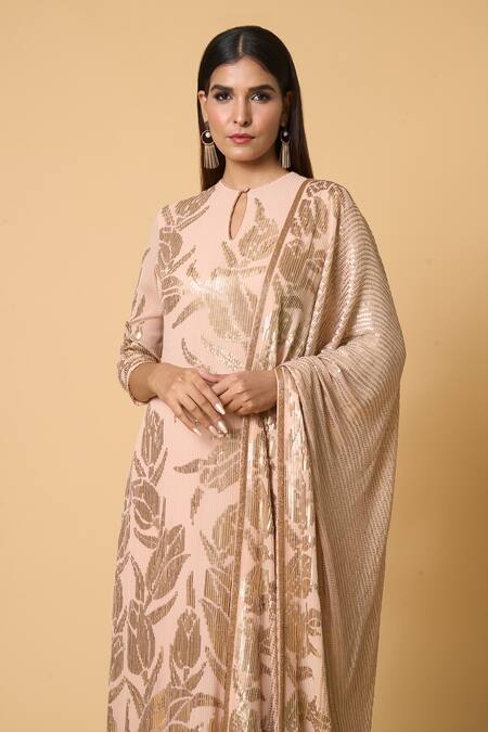 Buy Nakul Sen Pink Silk, Chiffon Sequins, Embroidery, Zari Round Neck Lotus Kurta Palazzo Set Buy_Nakul Sen_Pink Silk, Chiffon Sequins, Embroidery, Zari Round Neck Lotus Kurta Palazzo Set