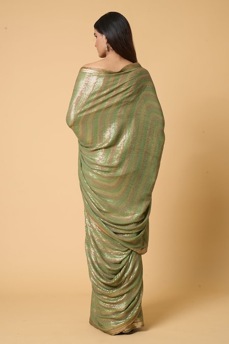 Nakul Sen Striped Sequin Pastel Saree With Unstitched Blouse Piece 