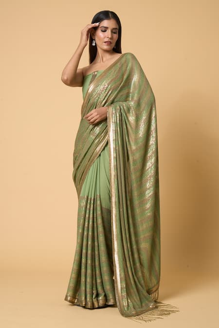 Nakul Sen_Green Silk, Chiffon Sequins Striped Pastel Saree With Unstitched Blouse Piece _Online_at_Aza_Fashions