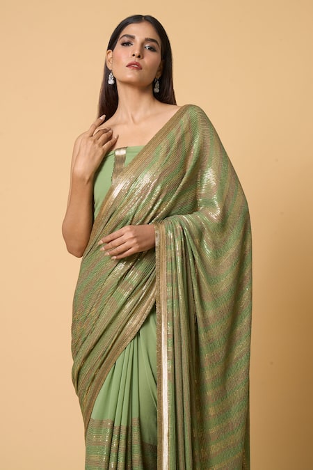 Shop_Nakul Sen_Green Silk, Chiffon Sequins Striped Pastel Saree With Unstitched Blouse Piece _Online_at_Aza_Fashions