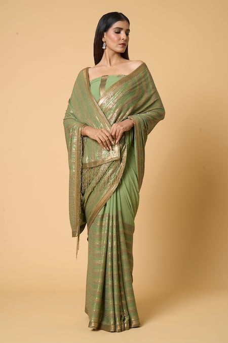 Nakul Sen_Green Silk, Chiffon Sequins Striped Pastel Saree With Unstitched Blouse Piece _at_Aza_Fashions