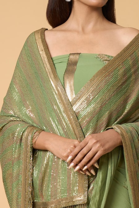 Buy_Nakul Sen_Green Silk, Chiffon Sequins Striped Pastel Saree With Unstitched Blouse Piece 