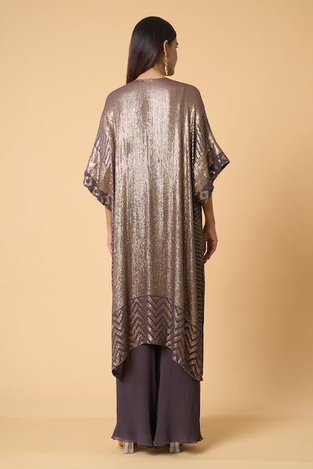 Shop Nakul Sen Grey Silk, Chiffon Sequins Round Neck Geometric Kaftan And Palazzo Set at Aza Fashions Shop_Nakul Sen_Grey Silk, Chiffon Sequins Round Neck Geometric Kaftan And Palazzo Set _at_Aza_Fashions