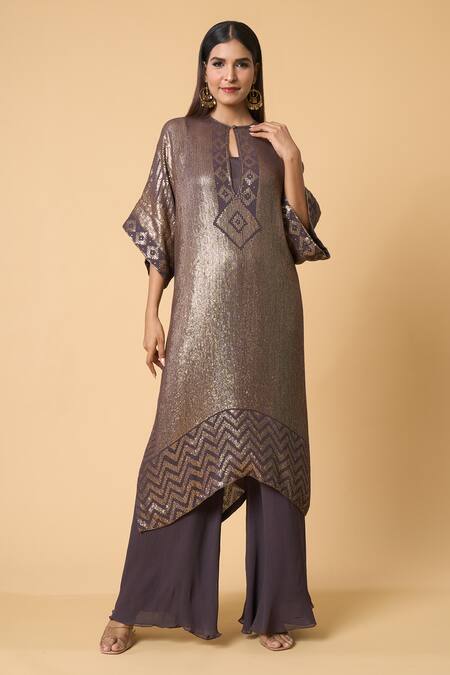 Shop Nakul Sen Grey Silk, Chiffon Sequins Round Neck Geometric Kaftan And Palazzo Set Online at Aza Fashions Shop_Nakul Sen_Grey Silk, Chiffon Sequins Round Neck Geometric Kaftan And Palazzo Set _Online_at_Aza_Fashions