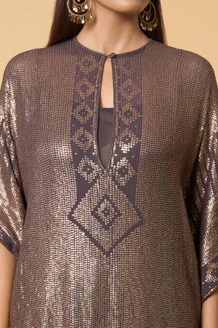 Nakul Sen Grey Silk, Chiffon Sequins Round Neck Geometric Kaftan And Palazzo Set at Aza Fashions Nakul Sen_Grey Silk, Chiffon Sequins Round Neck Geometric Kaftan And Palazzo Set _at_Aza_Fashions