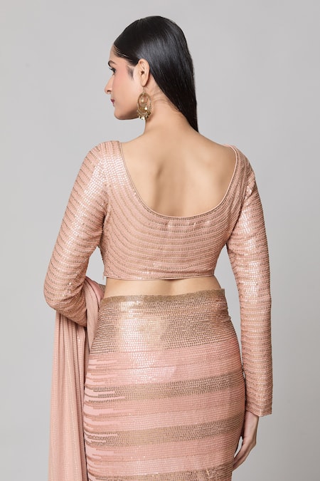 Shop Nakul Sen Beige Silk Sequins Scoop Neck Striped Saree With Blouse at Aza Fashions Shop_Nakul Sen_Beige Silk Sequins Scoop Neck Striped Saree With Blouse _at_Aza_Fashions