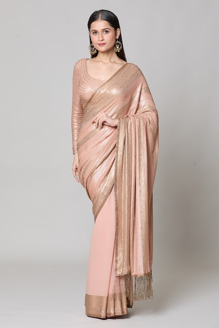 Nakul Sen Beige Silk Sequins Scoop Neck Striped Saree With Blouse Online at Aza Fashions Nakul Sen_Beige Silk Sequins Scoop Neck Striped Saree With Blouse _Online_at_Aza_Fashions