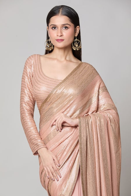 Buy Nakul Sen Beige Silk Sequins Scoop Neck Striped Saree With Blouse Online at Aza Fashions Buy_Nakul Sen_Beige Silk Sequins Scoop Neck Striped Saree With Blouse _Online_at_Aza_Fashions