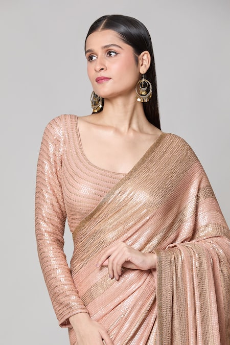 Shop Nakul Sen Beige Silk Sequins Scoop Neck Striped Saree With Blouse Online at Aza Fashions Shop_Nakul Sen_Beige Silk Sequins Scoop Neck Striped Saree With Blouse _Online_at_Aza_Fashions