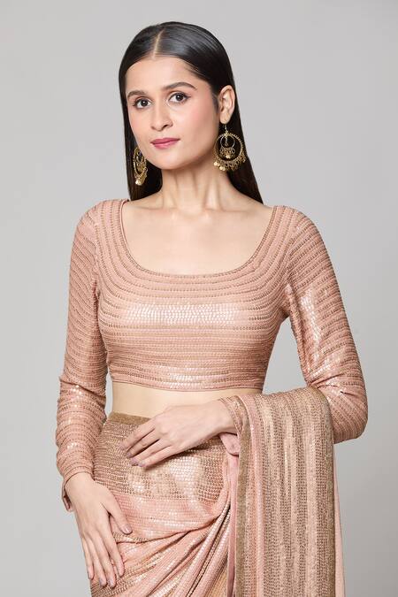 Buy Nakul Sen Beige Silk Sequins Scoop Neck Striped Saree With Blouse Buy_Nakul Sen_Beige Silk Sequins Scoop Neck Striped Saree With Blouse