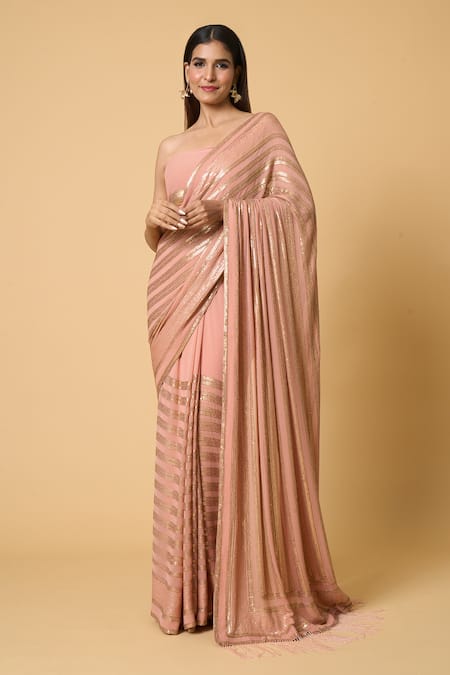 Nakul Sen Pink Silk, Chiffon Sequins Kadambari Saree With Unstitched Blouse Piece Online at Aza Fashions Nakul Sen_Pink Silk, Chiffon Sequins Kadambari Saree With Unstitched Blouse Piece _Online_at_Aza_Fashions