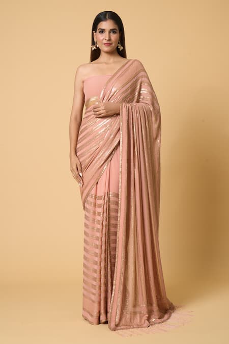 Nakul Sen Pink Silk, Chiffon Sequins Kadambari Saree With Unstitched Blouse Piece at Aza Fashions Nakul Sen_Pink Silk, Chiffon Sequins Kadambari Saree With Unstitched Blouse Piece _at_Aza_Fashions