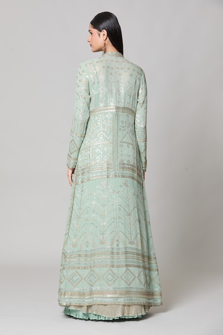 Shop Nakul Sen Blue Silk Sequins Open , Scoop Geometric Jacket And Crinkled Skirt Set at Aza Fashions Shop_Nakul Sen_Blue Silk Sequins Open , Scoop Geometric Jacket And Crinkled Skirt Set _at_Aza_Fashions