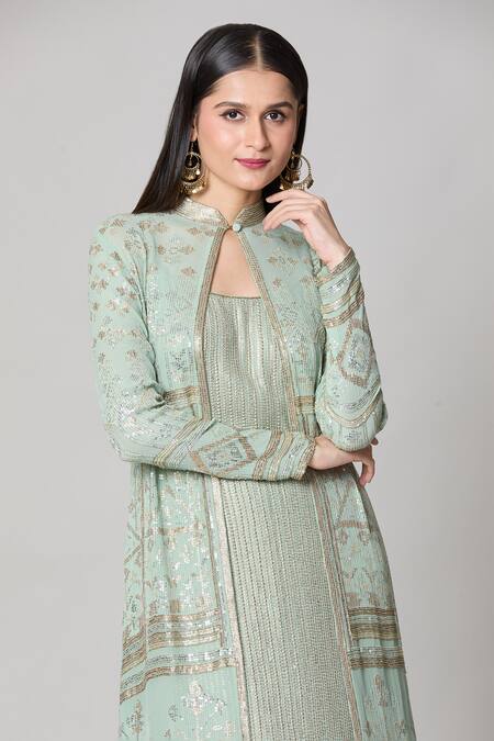 Buy Nakul Sen Blue Silk Sequins Open , Scoop Geometric Jacket And Crinkled Skirt Set Online at Aza Fashions Buy_Nakul Sen_Blue Silk Sequins Open , Scoop Geometric Jacket And Crinkled Skirt Set _Online_at_Aza_Fashions