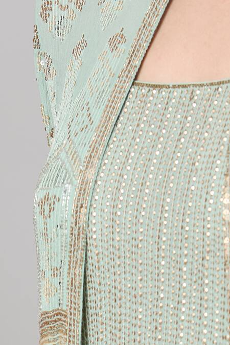 Shop Nakul Sen Blue Silk Sequins Open , Scoop Geometric Jacket And Crinkled Skirt Set Online at Aza Fashions Shop_Nakul Sen_Blue Silk Sequins Open , Scoop Geometric Jacket And Crinkled Skirt Set _Online_at_Aza_Fashions