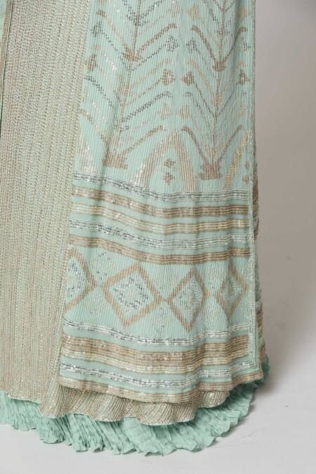 Nakul Sen Blue Silk Sequins Open , Scoop Geometric Jacket And Crinkled Skirt Set at Aza Fashions Nakul Sen_Blue Silk Sequins Open , Scoop Geometric Jacket And Crinkled Skirt Set _at_Aza_Fashions