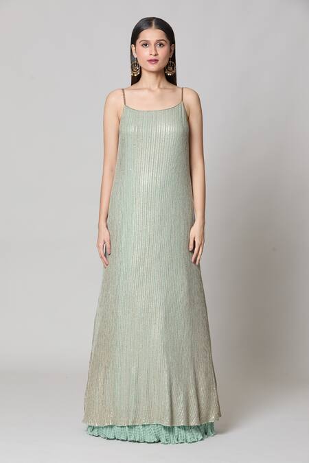 Buy Nakul Sen Blue Silk Sequins Open , Scoop Geometric Jacket And Crinkled Skirt Set Buy_Nakul Sen_Blue Silk Sequins Open , Scoop Geometric Jacket And Crinkled Skirt Set