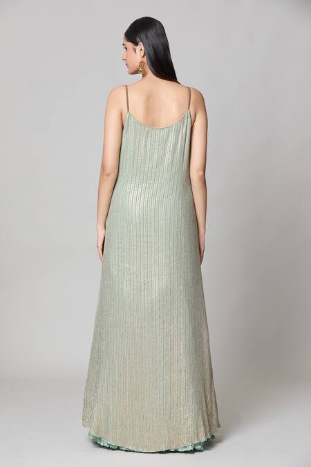 Shop Nakul Sen Blue Silk Sequins Open , Scoop Geometric Jacket And Crinkled Skirt Set Shop_Nakul Sen_Blue Silk Sequins Open , Scoop Geometric Jacket And Crinkled Skirt Set