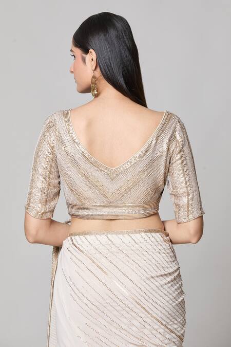 Buy Nakul Sen Ivory Silk, Chiffon Sequins V-neck Saree With Embroidered Blouse Buy_Nakul Sen_Ivory Silk, Chiffon Sequins V-neck Saree With Embroidered Blouse