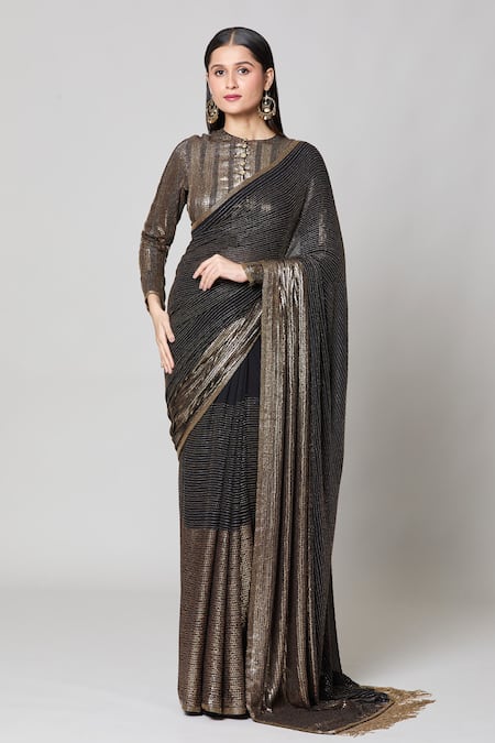 Nakul Sen_Black Silk, Chiffon Sequins, Embroidery, Cut Work Metallic Saree With Blouse _Online_at_Aza_Fashions