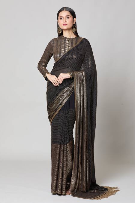 Buy_Nakul Sen_Black Silk, Chiffon Sequins, Embroidery, Cut Work Metallic Saree With Blouse _Online_at_Aza_Fashions