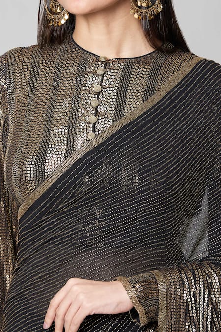 Shop_Nakul Sen_Black Silk, Chiffon Sequins, Embroidery, Cut Work Metallic Saree With Blouse _Online_at_Aza_Fashions