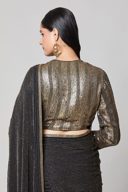 Buy_Nakul Sen_Black Silk, Chiffon Sequins, Embroidery, Cut Work Metallic Saree With Blouse 