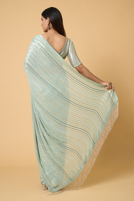 Shop Nakul Sen Blue Silk Sequins Boat Neck Striped Pastel Saree With Blouse at Aza Fashions Shop_Nakul Sen_Blue Silk Sequins Boat Neck Striped Pastel Saree With Blouse _at_Aza_Fashions