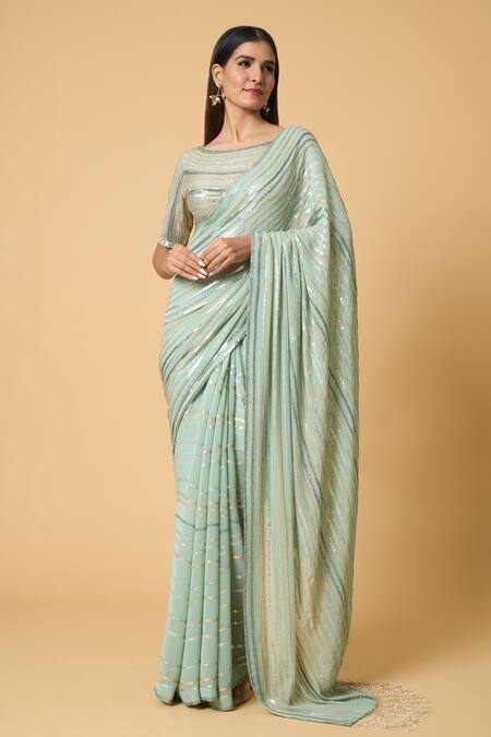 Nakul Sen Blue Silk Sequins Boat Neck Striped Pastel Saree With Blouse Online at Aza Fashions Nakul Sen_Blue Silk Sequins Boat Neck Striped Pastel Saree With Blouse _Online_at_Aza_Fashions